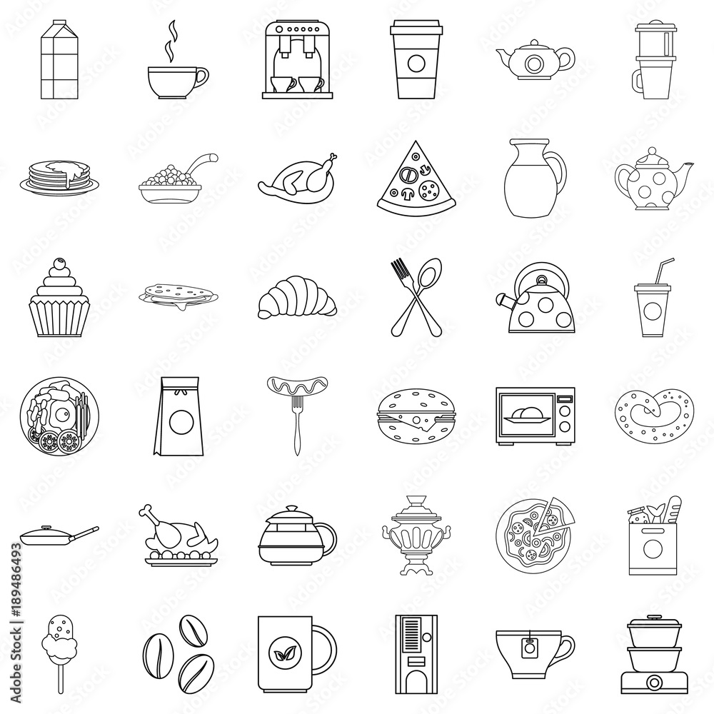 Dinner food icons set, outline style