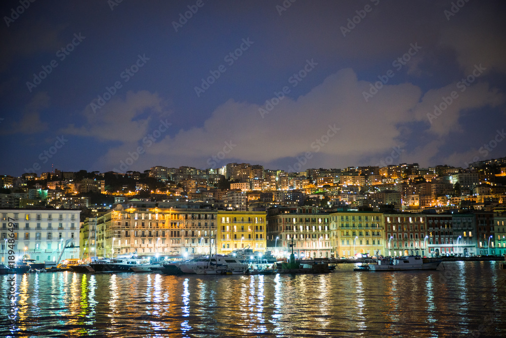 Naples, Italy - November 30 2017: Night scene of the italian city by the sea