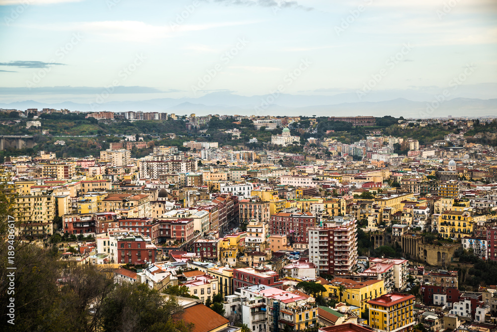 Naples, Italy - November 30 2017: Panoramic view of the italian city by Vesuvius