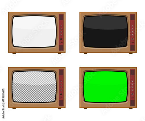 Vector retro tv set with different screen: white, black, transparent and green. Isolated on white background.