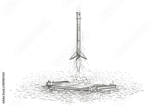 First stage of rocket landing on drone ship in sea hand drawn illustration. Vector.