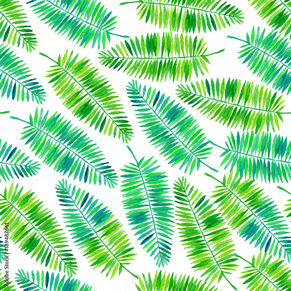Palm leaves painted with watercolors, seamless pattern for design.