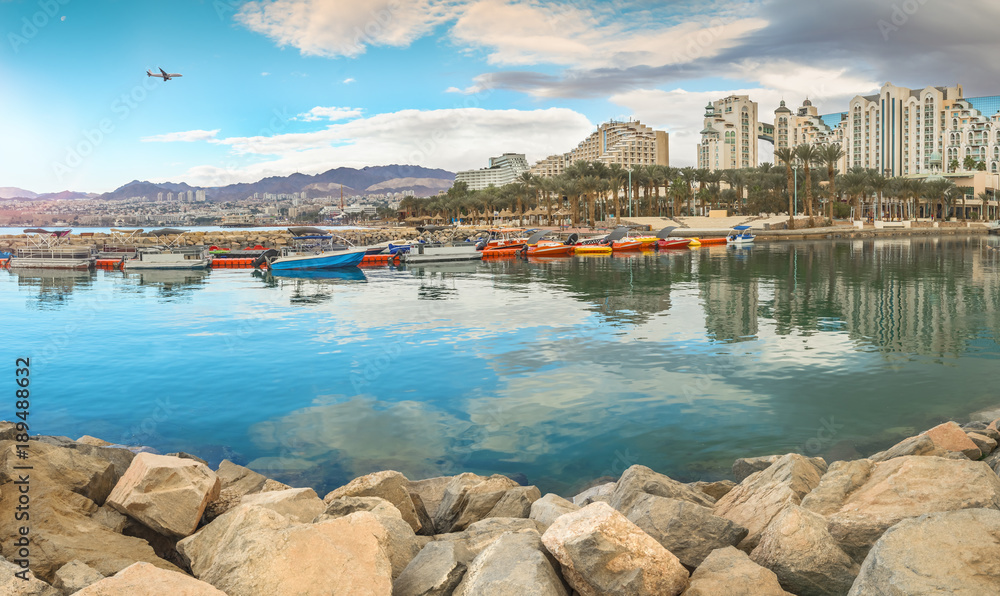 Fototapeta premium Panoramic view on the central beach of Eilat - famous resort and recreational city in Israel