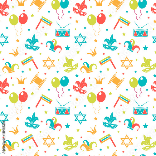 Carnival seamless pattern. Purim repetitive texture. Holiday, masquerade, festival, birthday party. Endless background, backdrop, wallpaper, paper. Vector illustration