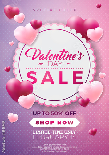 Valentines day sale design with red heart balloon on pink background. Vector special offer illustration for coupon, banner, voucher or promotional poster.