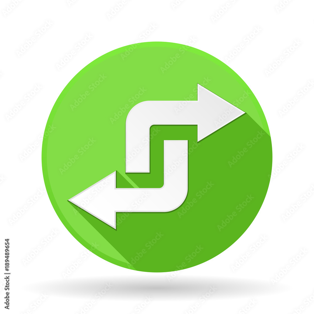 Arrows icon. Green round sign with shadow. Turning combo arrows Arrows icon. Green round sign with shadow. Turning combo arrows
