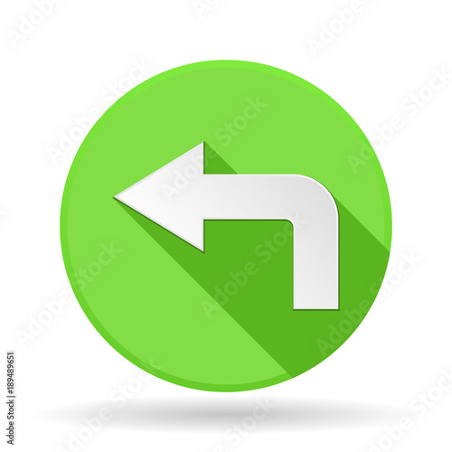 Arrow icon. Green round sign with shadow. Left arrow