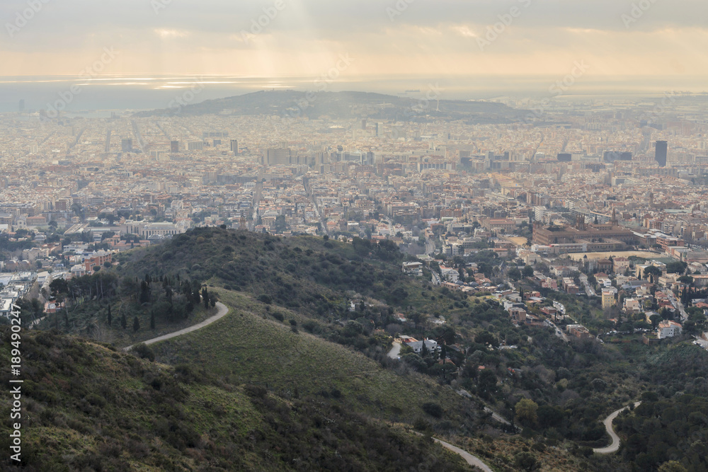 General city view, mountain, from Tibidabo hill. Barcelona.