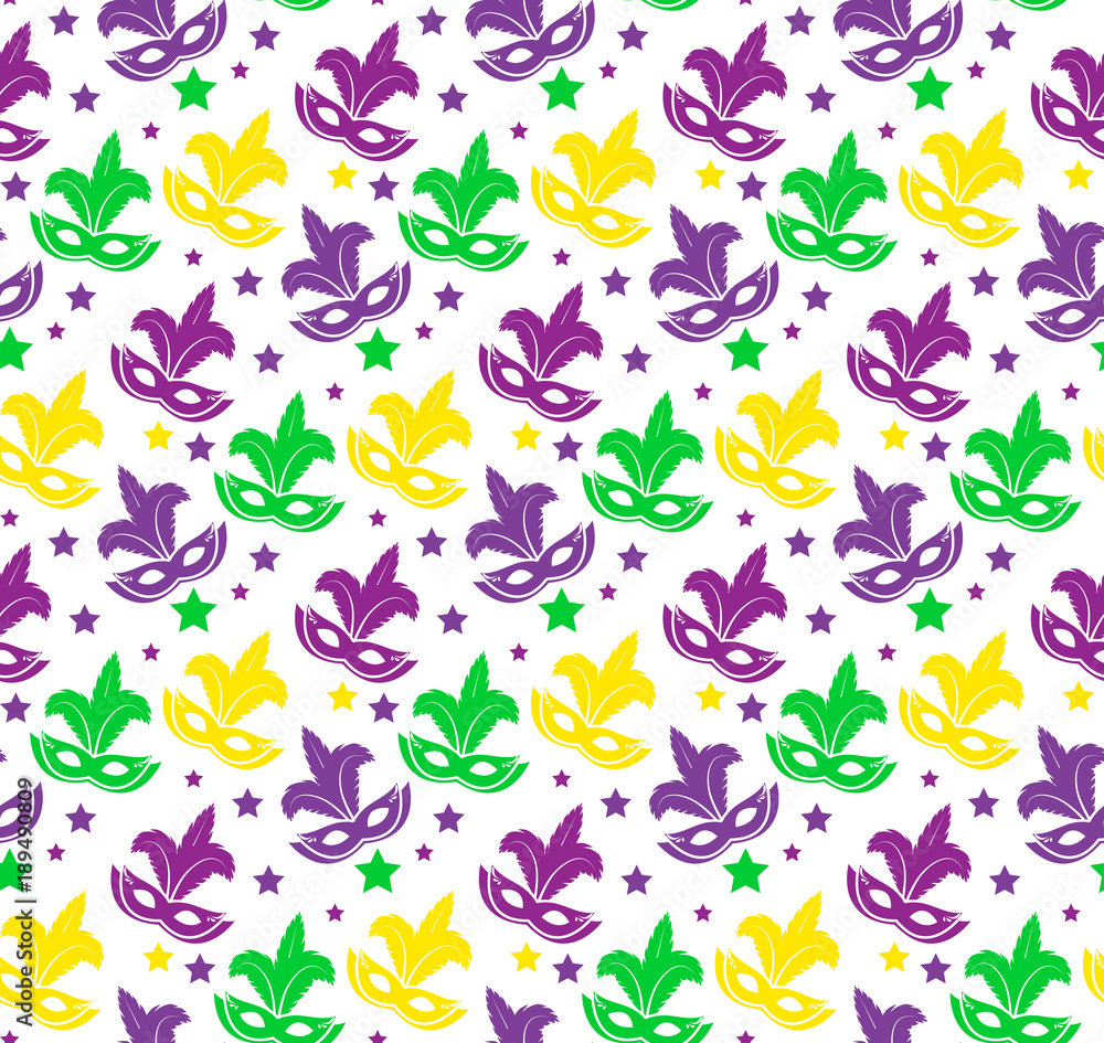 Mardi Gras Carnival seamless pattern with mask feathers. Endless