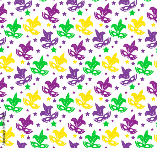 Mardi Gras Carnival seamless pattern with mask feathers. Endless background, texture, wallpaper. Vector illustration
