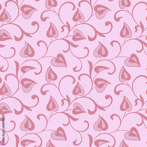 Romantic seamless pattern. Swirling twigs with leaves in the form of hearts on pink background. Ideal for textile print and wallpapers.