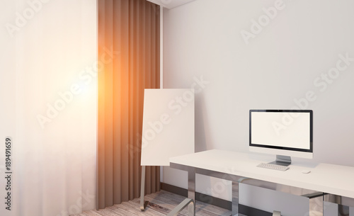 Modern office Cabinet. Meeting room. 3D rendering.. Sunset