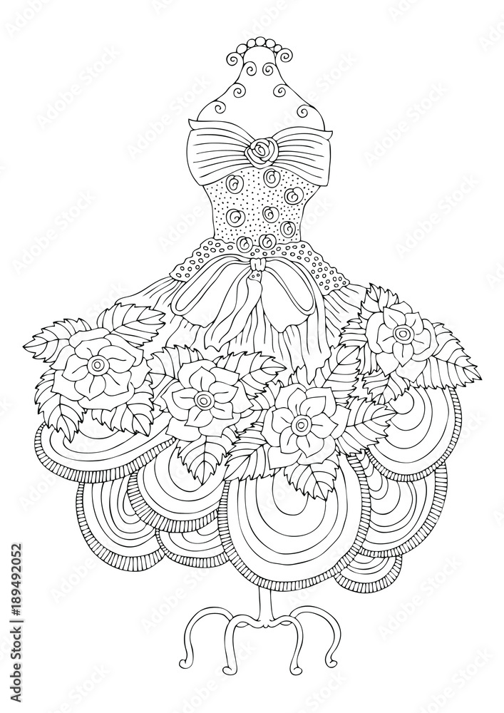 Women's lace dress. Hand drawn illustration for coloring page, poster or invitation card design. Sketch for anti-stress colouring book in zen-tangle style. Vector picture.