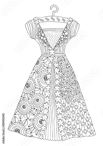 Fototapeta Naklejka Na Ścianę i Meble -  Women's lace dress. Hand drawn illustration for coloring page, poster or invitation card design. Sketch for anti-stress colouring book in zen-tangle style. Vector picture.