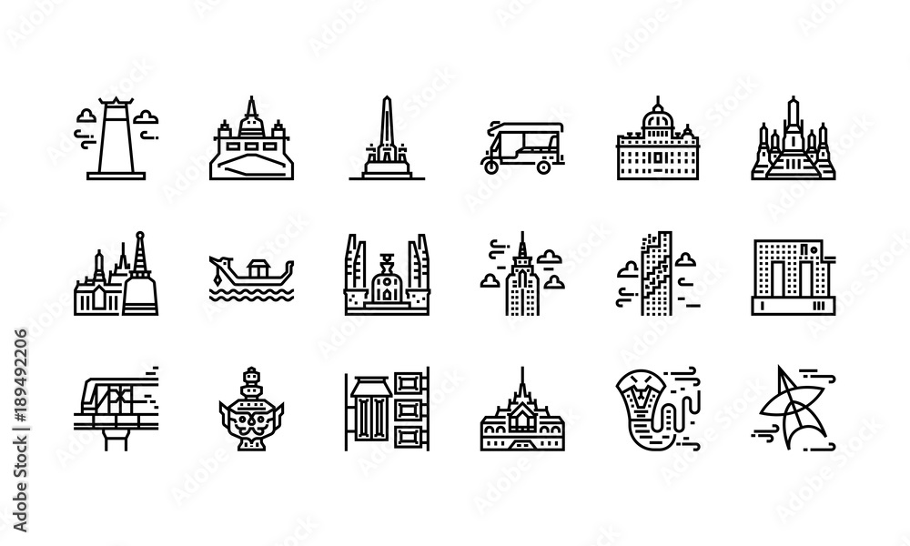 Naklejka premium Bangkok symbols and landmarks icon set 1