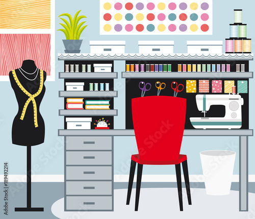 Seamstress's office. Dressmaker. Sewing illustration.