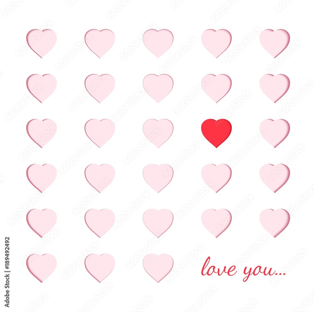 Scrapbooking paper card with carved pink hearts and one different red heart. Origami papercut concept and Valentine's day idea, vector art and illustration. Symbol of love for greeting card Scrapbooking paper card with carved pink hearts and one different red heart. Origami papercut concept and Valentine's day idea, vector art and illustration. Symbol of love for greeting card
