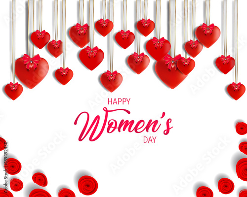 Women day background. 8 march women's day greeting card. Happy Womens Day. Card for 8 March women's day. Abstract background womens day with hanging heart. Vector illustration.