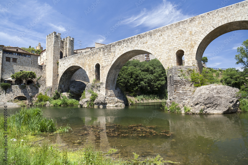 Medieval bridge romanesque style in Besalu,Catalonia,Spain.