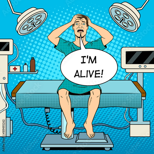 Scared mad patient in operating pop art vector