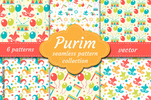 Carnival seamless pattern set. Collection Purim background. Holiday, masquerade, festival, birthday party. Endless backdrop, repetitive texture, wallpaper paper Vector illustration