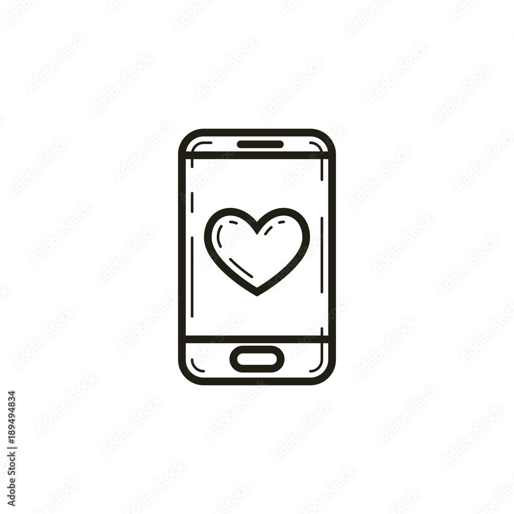 black and white linear mobile phone icon with a heart on the screen black and white linear mobile phone icon with a heart on the screen