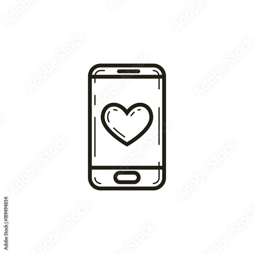 black and white linear mobile phone icon with a heart on the screen