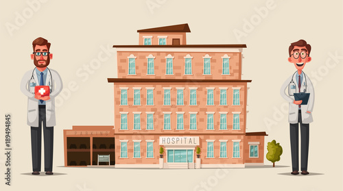 Modern hospital. medical services. Facade of clinic. Cartoon vector illustration