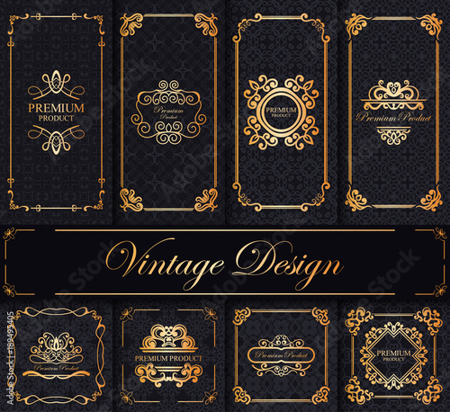 Vintage collection of luxury backgrounds with retro elments, labels, icons and frames for design of packaging luxury products. Vector illustration