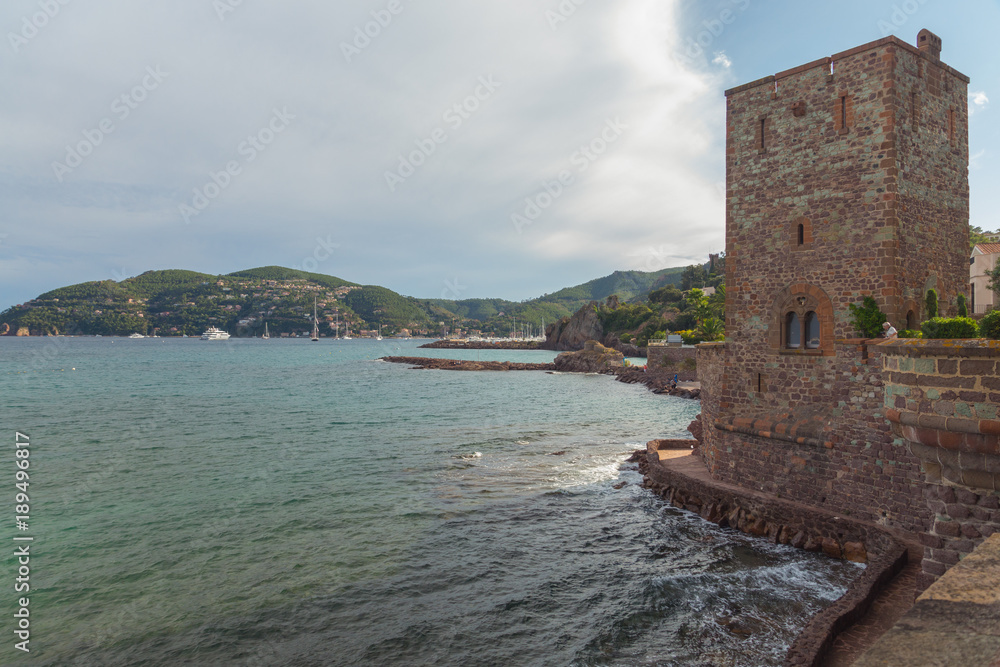 Panoramic view on the Theoule sur Mer located on the waterfront seen from Château de la Napoule castle in Mandelieu-la-Napoule, France, Europe