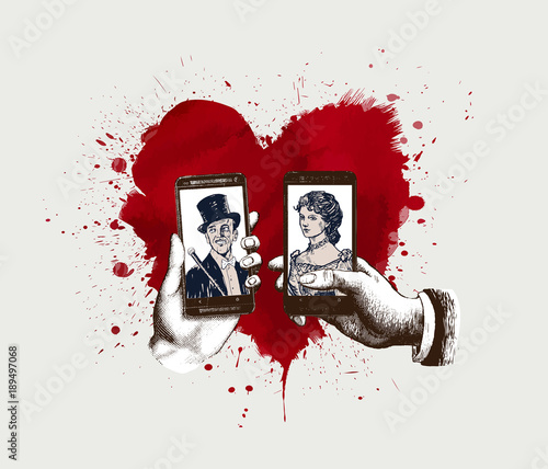 Love smartphone  with heart for valentine day. lady and gentleman taking selfie template with hand holding mobile with photo. Hand drawn engraving style retro vintage vector illustration