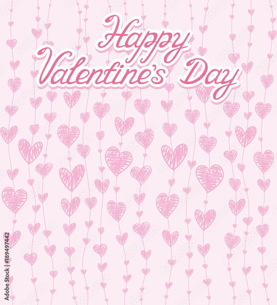 Pink pattern with pink hearts and Happy Valentine's Day lettering. Vector illustration