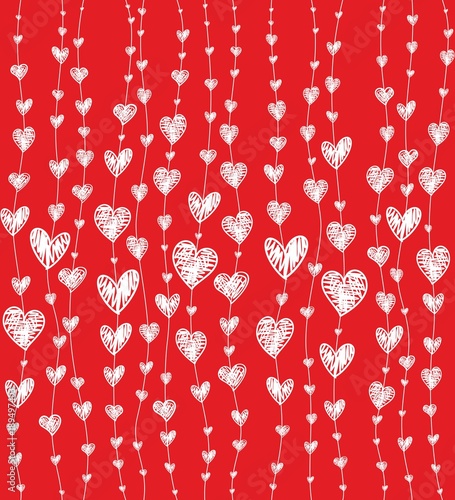 Pattern with white hearts on red background. Vector illustration