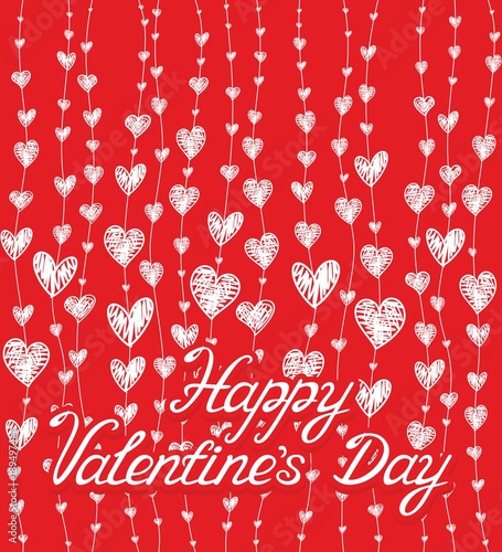 Pattern with white hearts on red background and lettering Happy Valentine's Day. Vector illustration