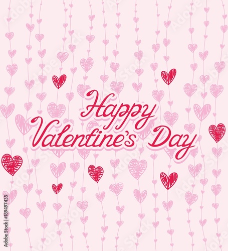 Pattern with pink hearts and Happy Valentine's Day red lettering in the middle. Vector illustration