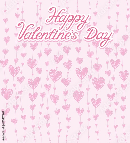 Pink pattern with pink hearts and Happy Valentine's Day lettering. Vector illustration