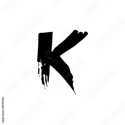 Letter K. Handwritten by dry brush. Rough strokes font. Vector illustration. Grunge style elegant alphabet.