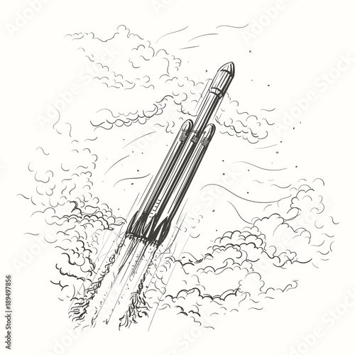 Heavy Rocket Flying among the clouds hand drawn illustration. Vector. 
