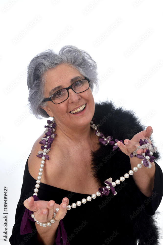 an older woman with a sexy posed on white background