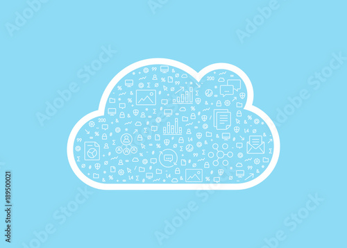 Cloud computing vector symbol filled with small icons isolated on light blue background.