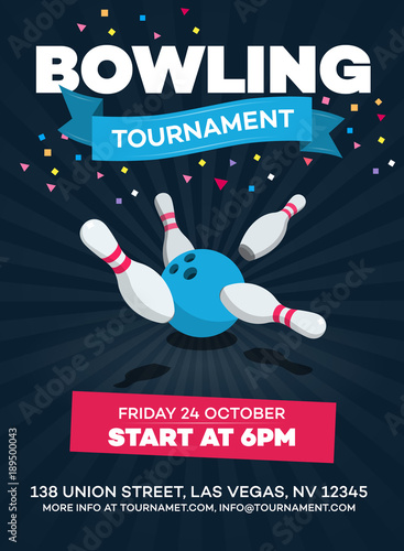 Vector bowling tournament poster with scattered skittle and bowling ball isolated on dark background with transparent shadows.