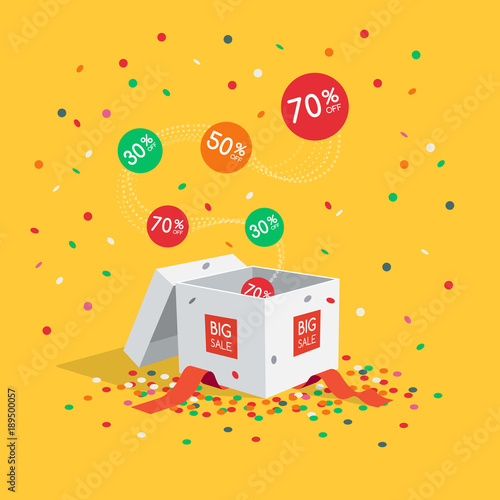 Big sale symbol with gift box, flying labels and confetti isolated on yellow background. Easy to use for your design with transparent shadows.