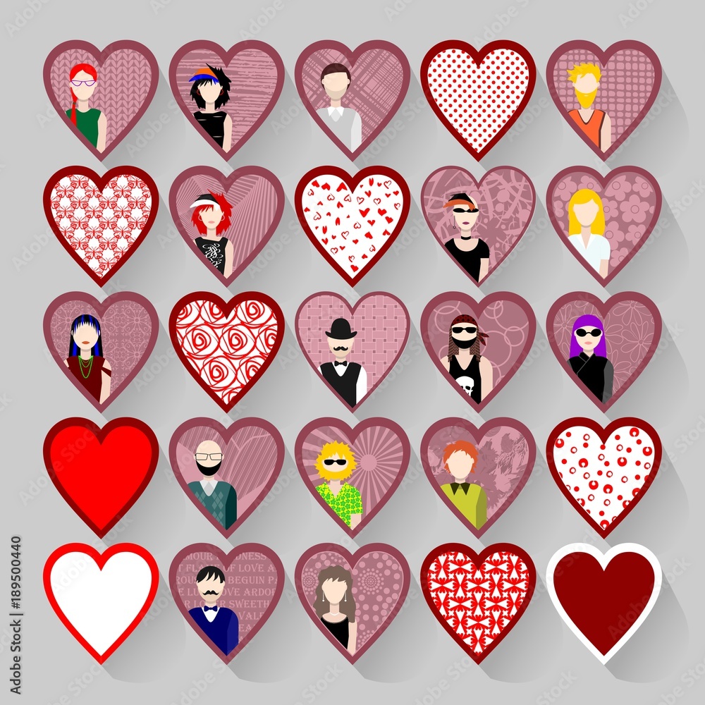 Set of icons with people in hearts Set of icons with people in hearts