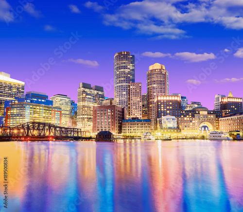 The Boston skyline at night, located in Fan Pier Park, Boston, Massachusetts, USA. © aphotostory