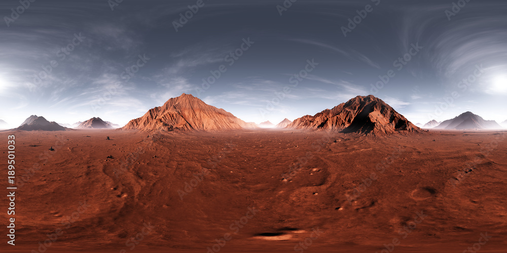 Naklejka premium 360 HDRI panorama słońca Marsa. Krajobraz marsjański, mapa środowiska. Rzut równomierny, panorama sferyczna. 3d ilustracja