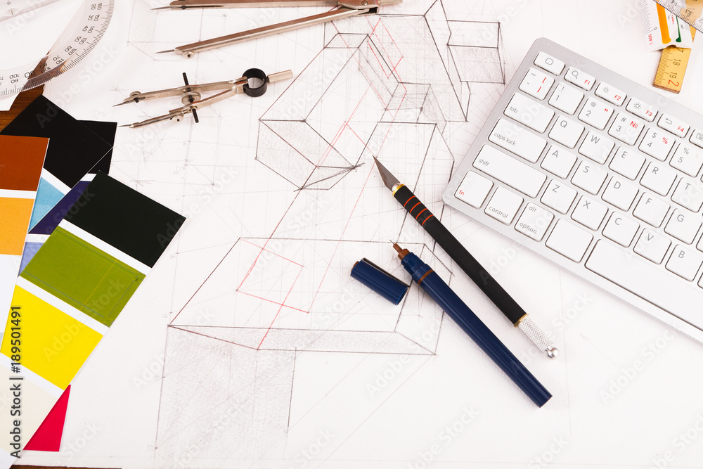 Architectural project, engineering tools on table. Architectural project, engineering tools on table.