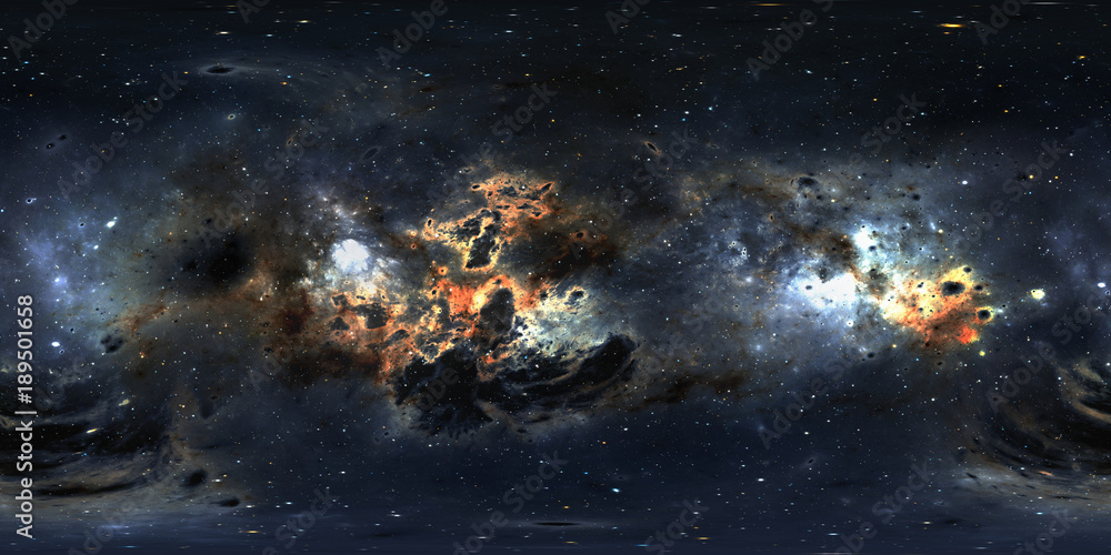 Naklejka premium Tło z mgławicą pyłową i gwiazdami. Panorama, mapa 360 HDRI środowiska. Rzut równomierny, panorama sferyczna