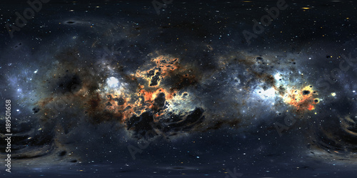 Fototapeta Naklejka Na Ścianę i Meble -  Space background with dust nebula and stars. Panorama, environment 360 HDRI map. Equirectangular projection, spherical panorama