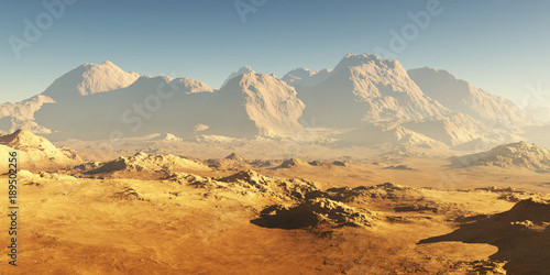 Fototapeta Naklejka Na Ścianę i Meble -  Sunset on Mars, Martian landscape. 3D illustration