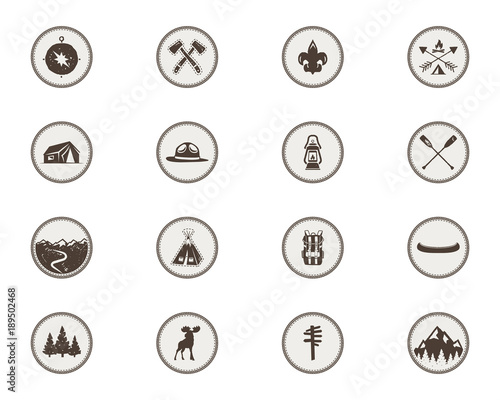Boy scouts icons, patches. The full bundle. Camping stickers. Tent symbol, moose pictogram, backpack elements, canoe, mountains, and others. Stock vector stamps isolated on white background.
